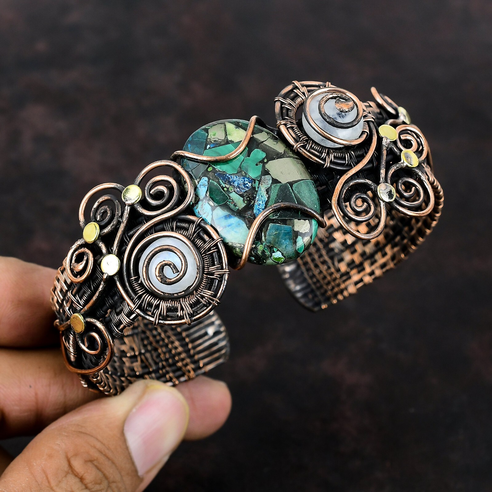Copper Azurite Malachite Wire Wrapped Adjustable Cuff Handcrafted Copper Bangle gallery