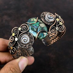 Copper Azurite Malachite Wire Wrapped Adjustable Cuff Handcrafted Copper Bangle