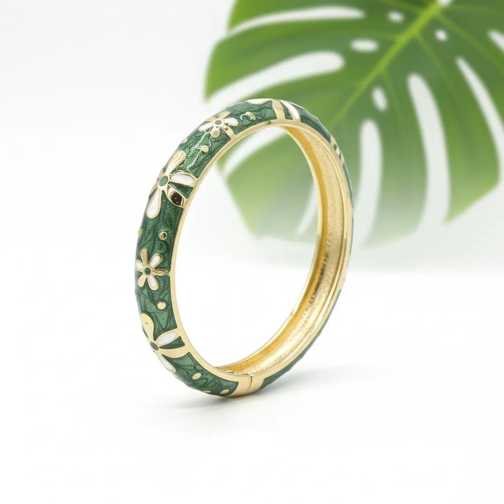 Hawaiian Plumeria Flower Hinged Clasp Fashion Enamel Bangle Bracelet (Green) gallery