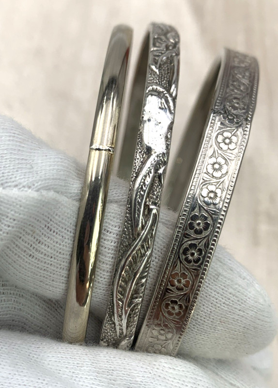 3 Silver Tone Bangle Bracelets Costume Jewelry Fashion Leaf Floral Plain 8-1/4"C gallery