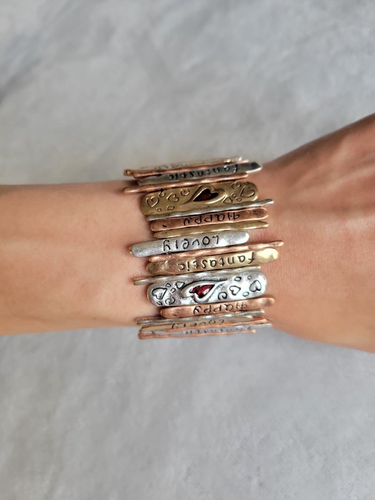 Boho Mixed Metal Affirmation Stretch Bracelet - Happy Lovely Fantastic Hearts gallery