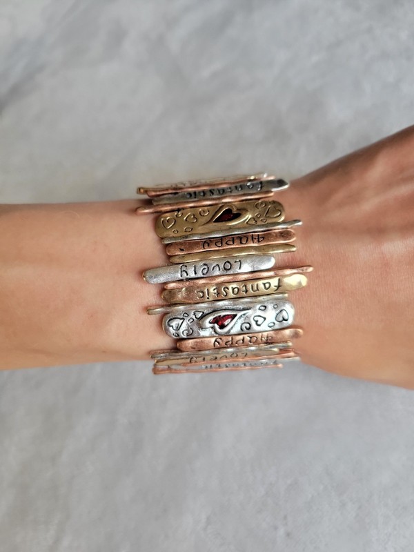Boho Mixed Metal Affirmation Stretch Bracelet - Happy Lovely Fantastic Hearts gallery