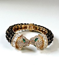 Black Beads Panther Green Eyes Big Cat Chunky Statement Hinge Bangle Bracelet