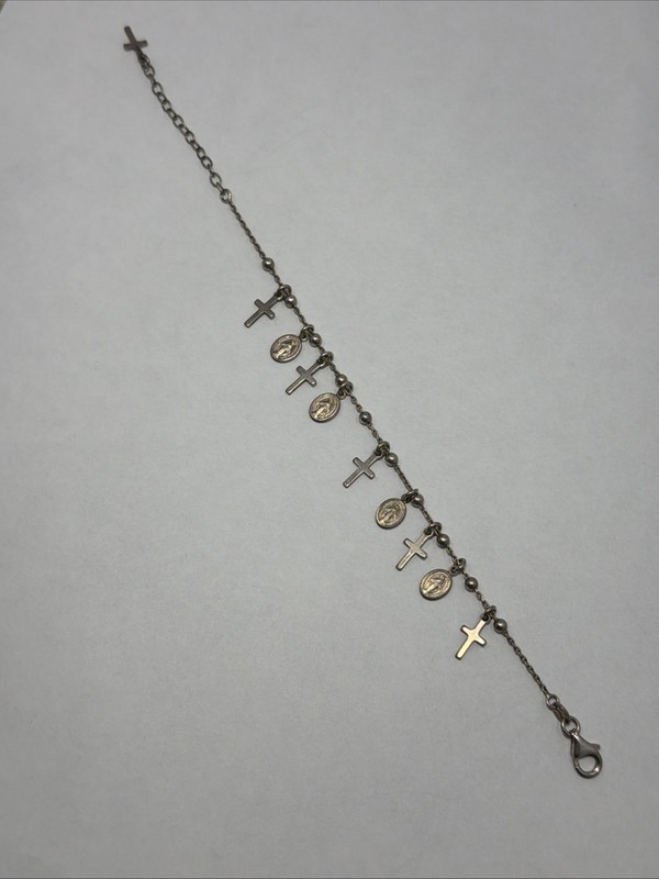 925 Sterling Silver 7.25” Bracelet W/ Crosses and Miraculous Medals Charms Italy gallery