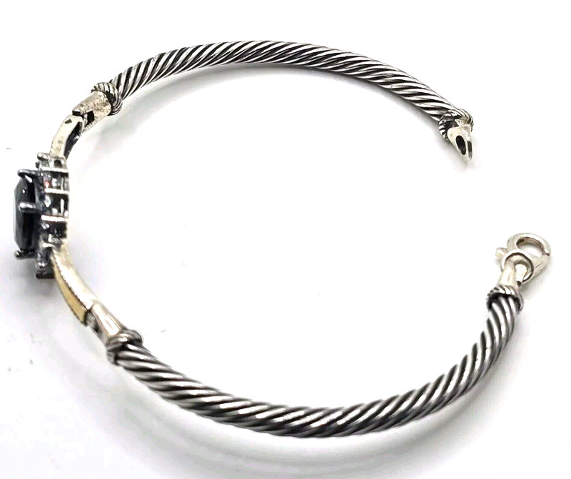 Sterling Silver Vintage Cable Cuff Bracelet Black Stone Halo Crystal Gold accent gallery