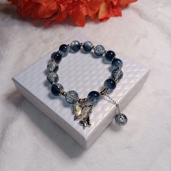 Dark Blue Beaded Bracelet With Beautiful Butterfly Charm Strech