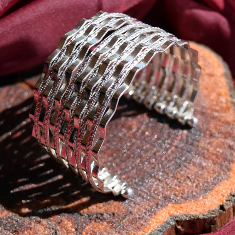 High Polished Metal Corrugated & Braided Alternating Band Cuff Bracelet 2" Wide gallery