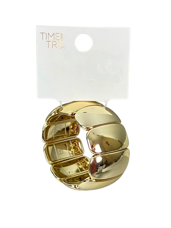 (2) Chunky Cuff Bracelets: Rhodium Smooth Hinge Cuff & Chunky Gold Tone Stretch gallery
