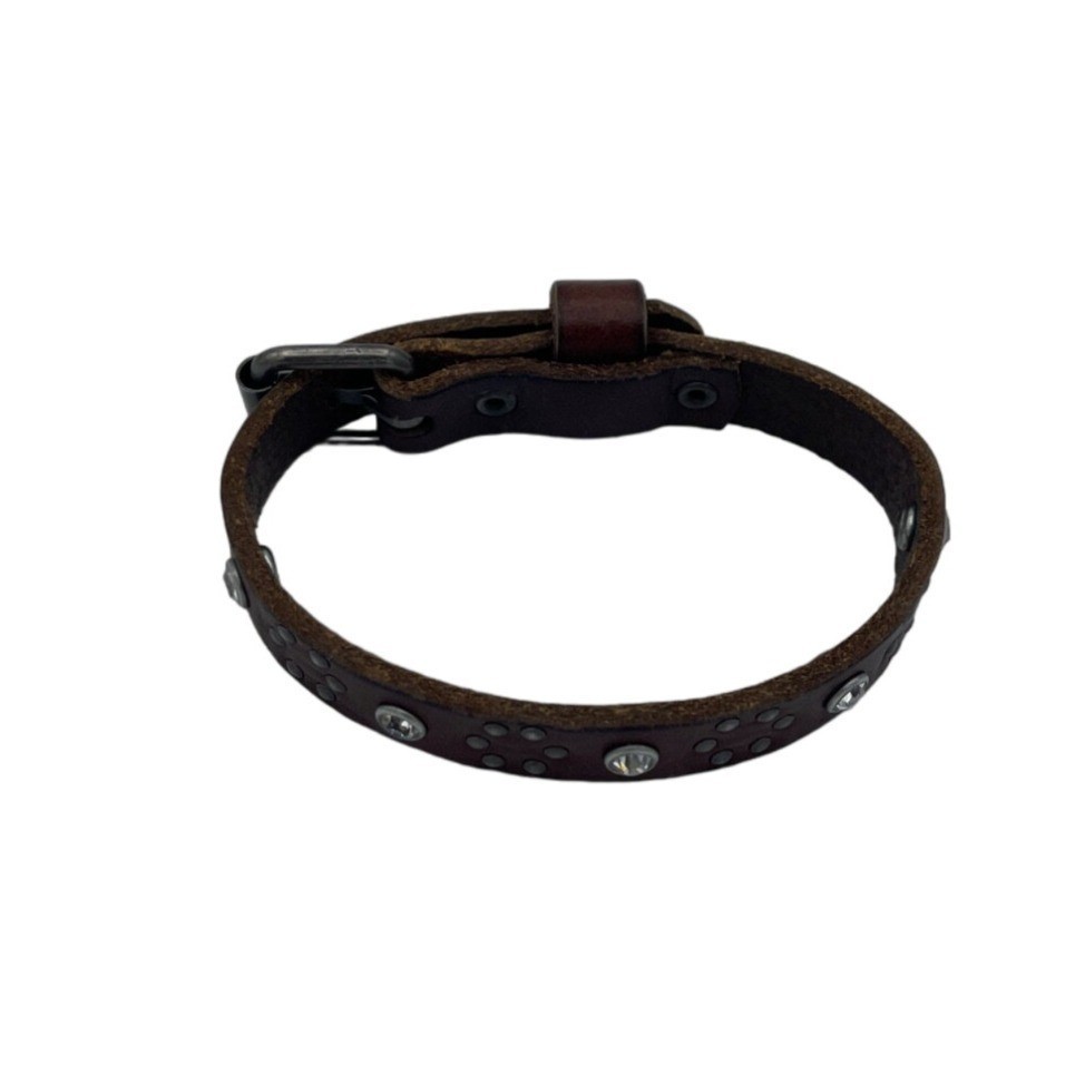 Brown Leather Bracelet With Rhinestone Accents Adjustable Buckle 7-9 in gallery
