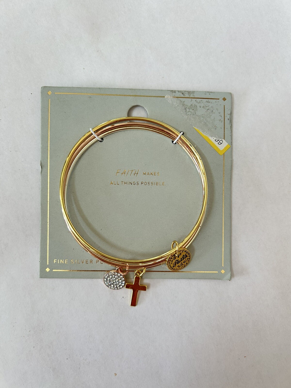 Faith Tri Tone Bangle Bracelet Set Fine Silver Plated Bling Charm Cross New $20 gallery