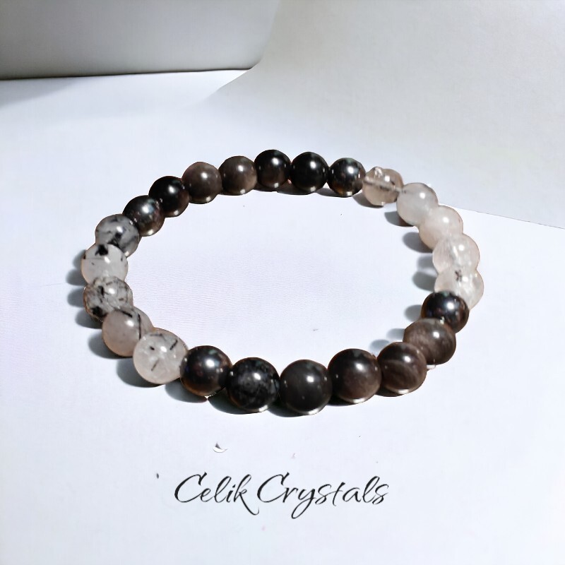 Tourmaline Quartz Silver Obsidian Bracelet gallery