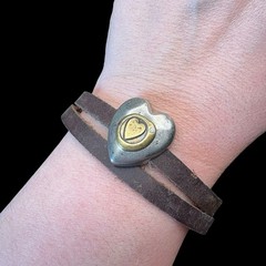 Heart of Gold Brown Leather Bracelet Silver & Gold Tone Rhinestone 7″ – 8″