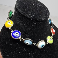 925 Sterling Silver Multicolor Evil Eye Bracelet Nazar Glass Boho Rainbow 7”