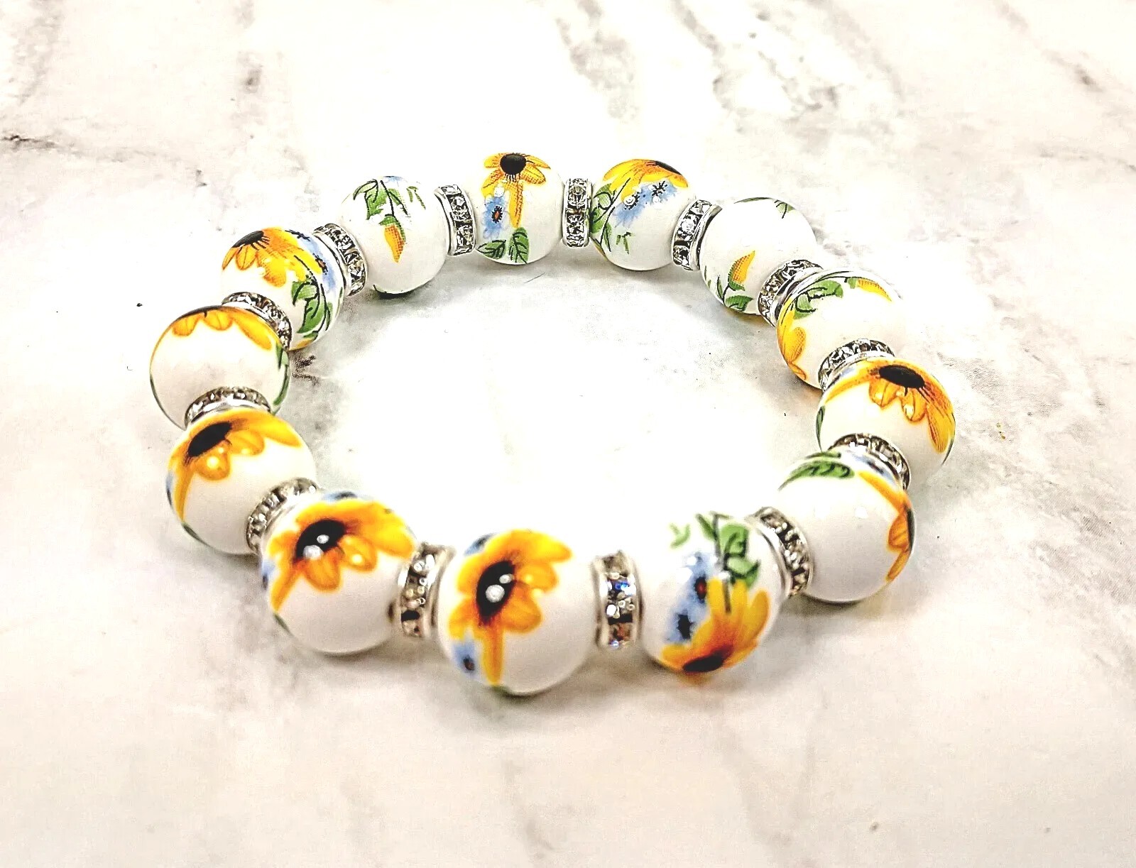 Yellow Flower Porcelain Bead and Crystal Beaded Stretch Bracelet - NEW gallery