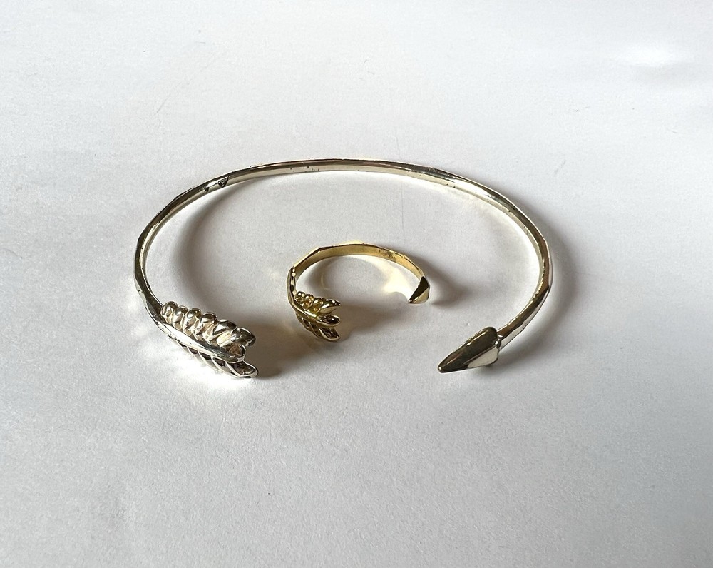 Stella & Dot Gilded Arrow Silver Cuff Bracelet & Adjustable Gold Tone Ring Set