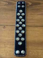 Women’s Black Leather Cowhide Rhinestones Bead Chain Trim Wrap Cuff Bracelet