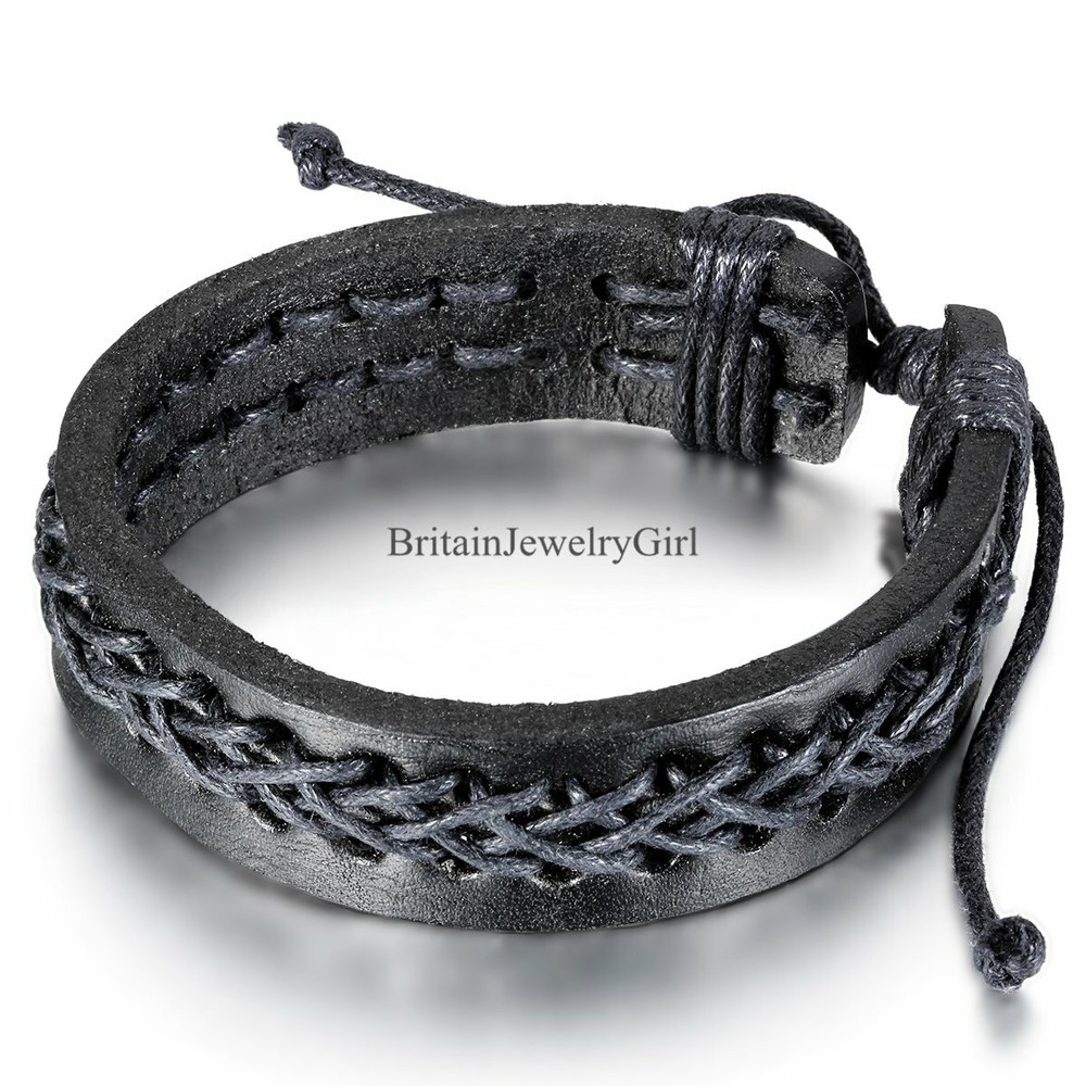 Mens Braided Leather Bracelet Wristband Cuff Black Brown Adjustable Gift