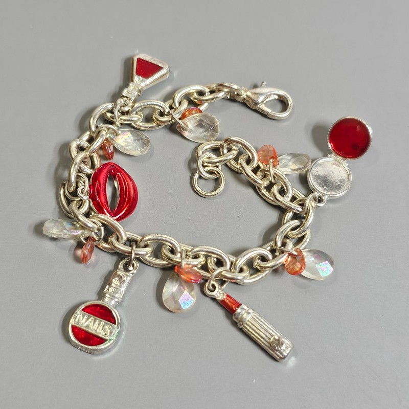 MakeUp Charm Bracelet Shopping Fashion Novelty Red Lipstick Compact Silvertone gallery