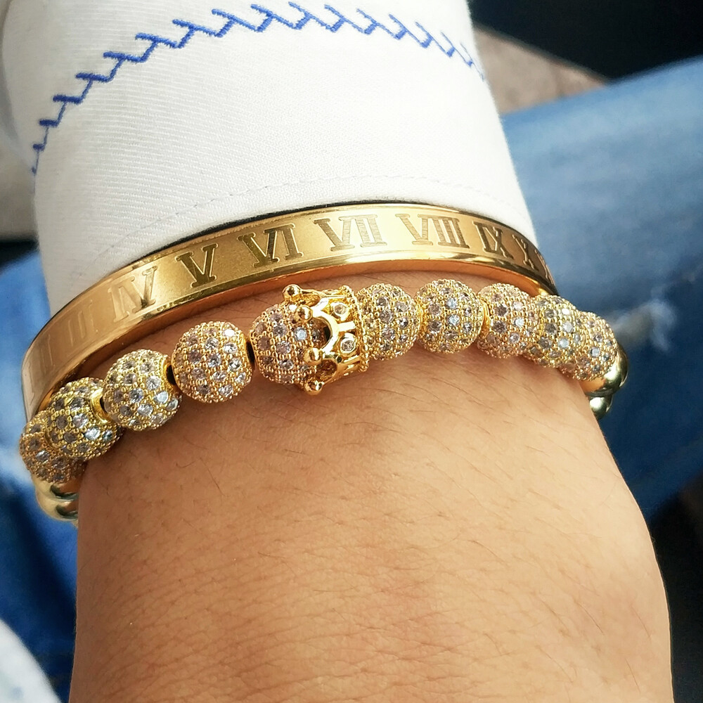 Luxury Men Cubic Zirconia Queen & King Crown Bracelet Roman Numerals Cuff Bangle gallery