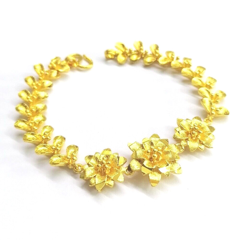Wicuas18 Yellow Gold Plated Bracelet Flower Shape Chain 7.5 IN Long Unisex Thai gallery