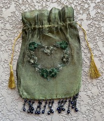 Intricate Beaded Olive Mesh Large Drawstring Jewelry Bag
