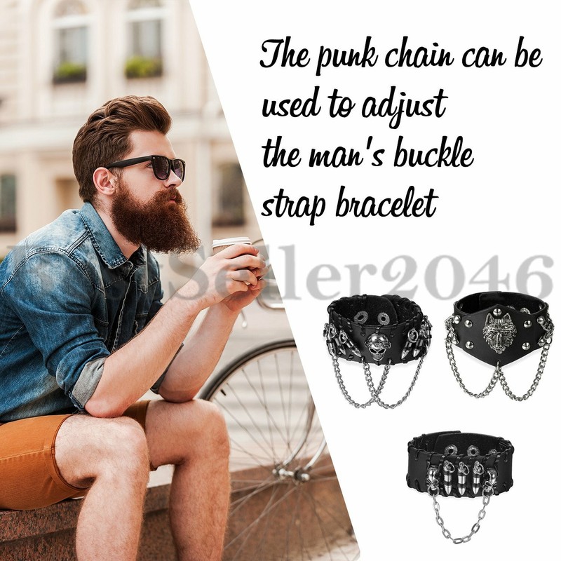 3PCS Skull Bullet Rivet Chain Lions Head Leather Cuff Bracelet Wristband Bangle gallery