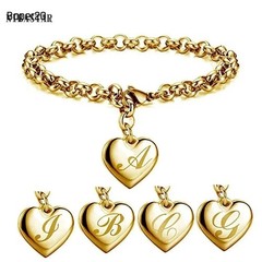 Stainless Steel Gold Colour Jewelry Letter Charm Heart Bracelet For Women