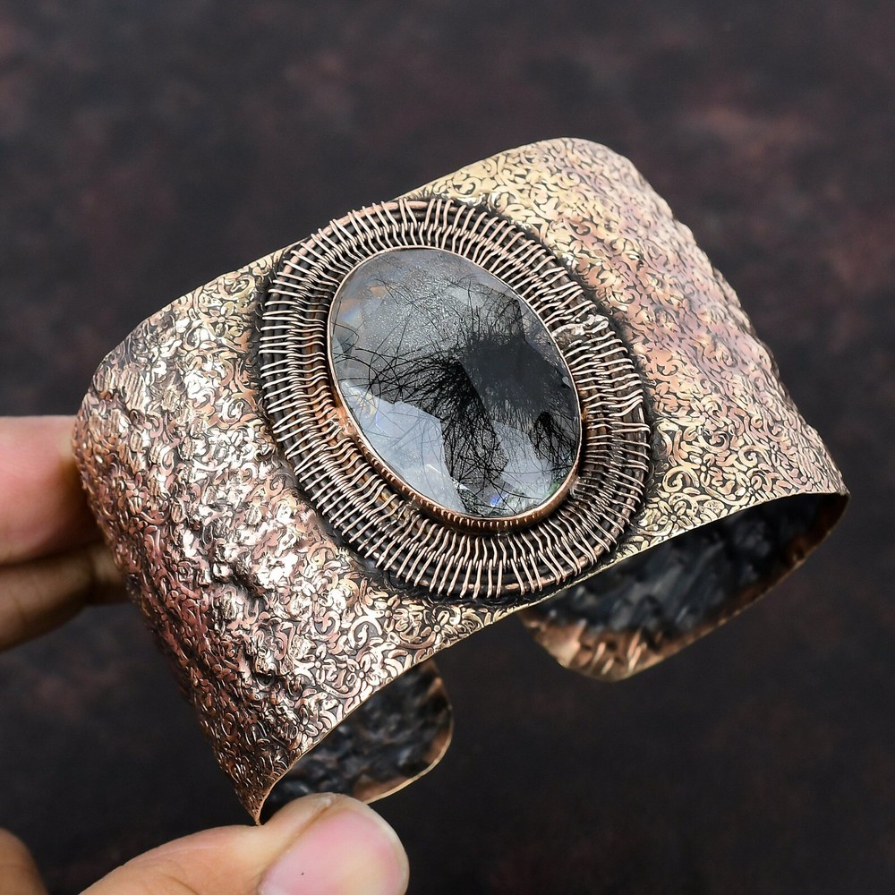 Valentines Sale Natural Black Rutile Copper Wire Wrapped Daughter Bangle Jewelry