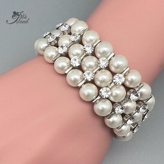 Women Gorgeous Stretch Bracelet Cream White Glass pearl Multi-Strand Crystal 56