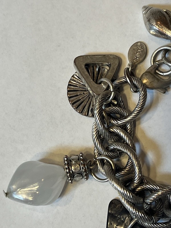 Chicos Chunky Silver Charm Bracelet Mixed Geometric Shapes Shells MOP 8” Beach gallery