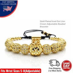 Gold Plated Lion Crown Bracelet Iced Out Micro Pave CZ Beads Hip-Hop Bling Men