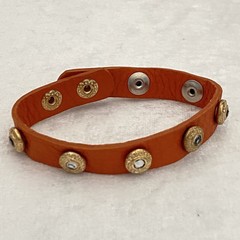 King Star Bracelet Orange Leather White Rhinestone Gold Tone Accept Snap Closure