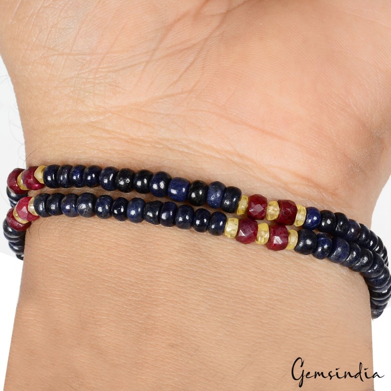 88.80 Ct Natural Blue Sapphire Red Ruby Round Bead Double Strand Bracelet 7.5 In gallery