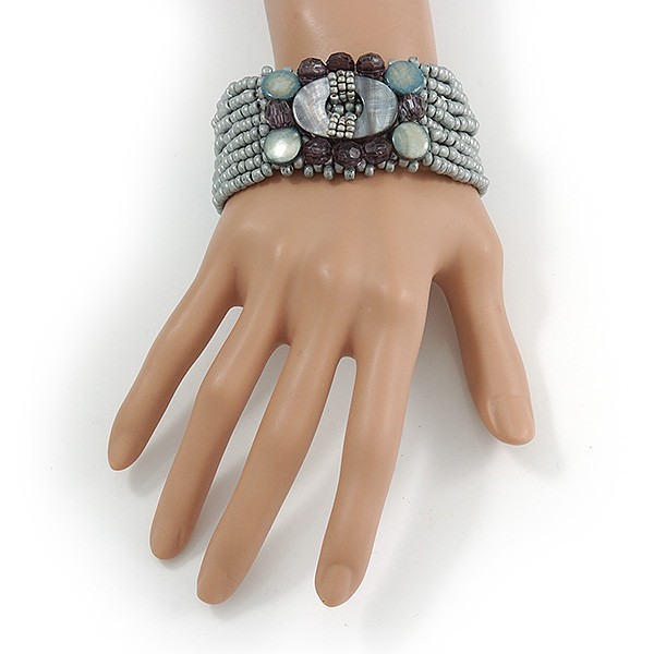 Light Grey Glass Bead and Shell Flex Bracelet - 18cm L gallery