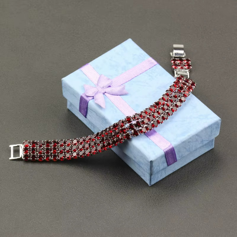 925 Sterling Silver Three Row Red CZ Wide Bracelet 7 inch to 8 Inch gallery