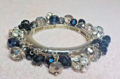CURVED BAR LINK STRETCH BANGLE W/DISCO BALL/GLASS FACETED BEADS BLK METALLIC