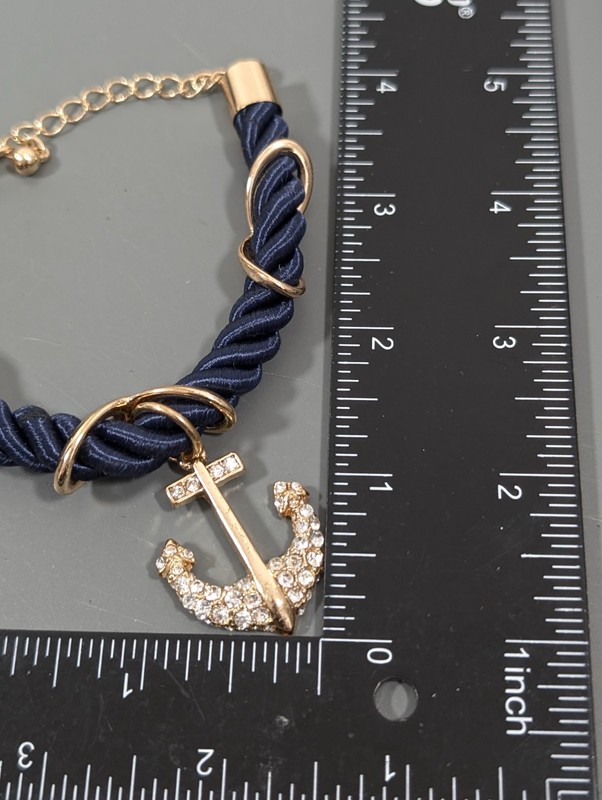 Nautical Coastal Blue Cord Gold Tone Anchor Pave Rhinestone Bracaelet 9 in gallery