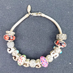 Pandora Q.G. 925 Silver Charm Bracelet on a Snake Chain w/Various Beads 7.5″