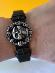 Unisex black leather skull Bracelet metallic skull medallion centerpiece