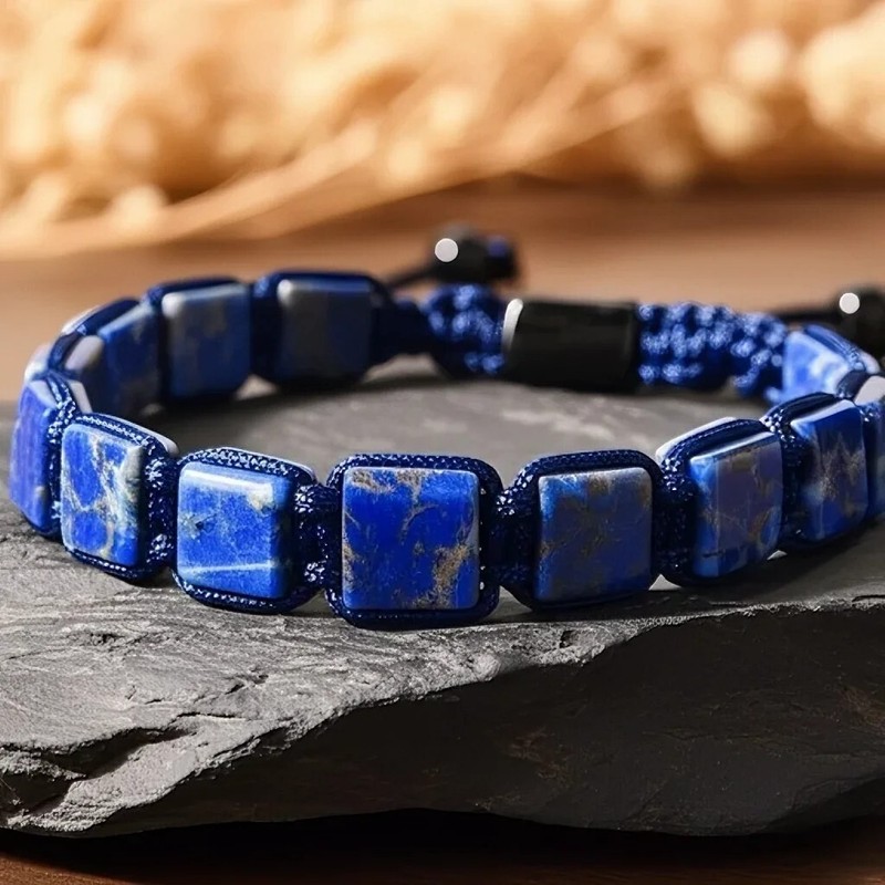 Natural Lapis Lazuli & Black Onyx Men's Square Beads Healing Protection Bracelet gallery