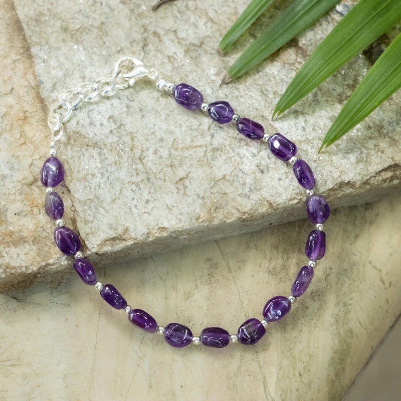 Natural Amethyst Bracelet, Smooth Oval Beaded Bracelet, February Birthstone gallery