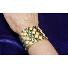Gold Tone And Peach Colored Bead Stretch Panel Bracelet, Chunky Wide BOHO Style