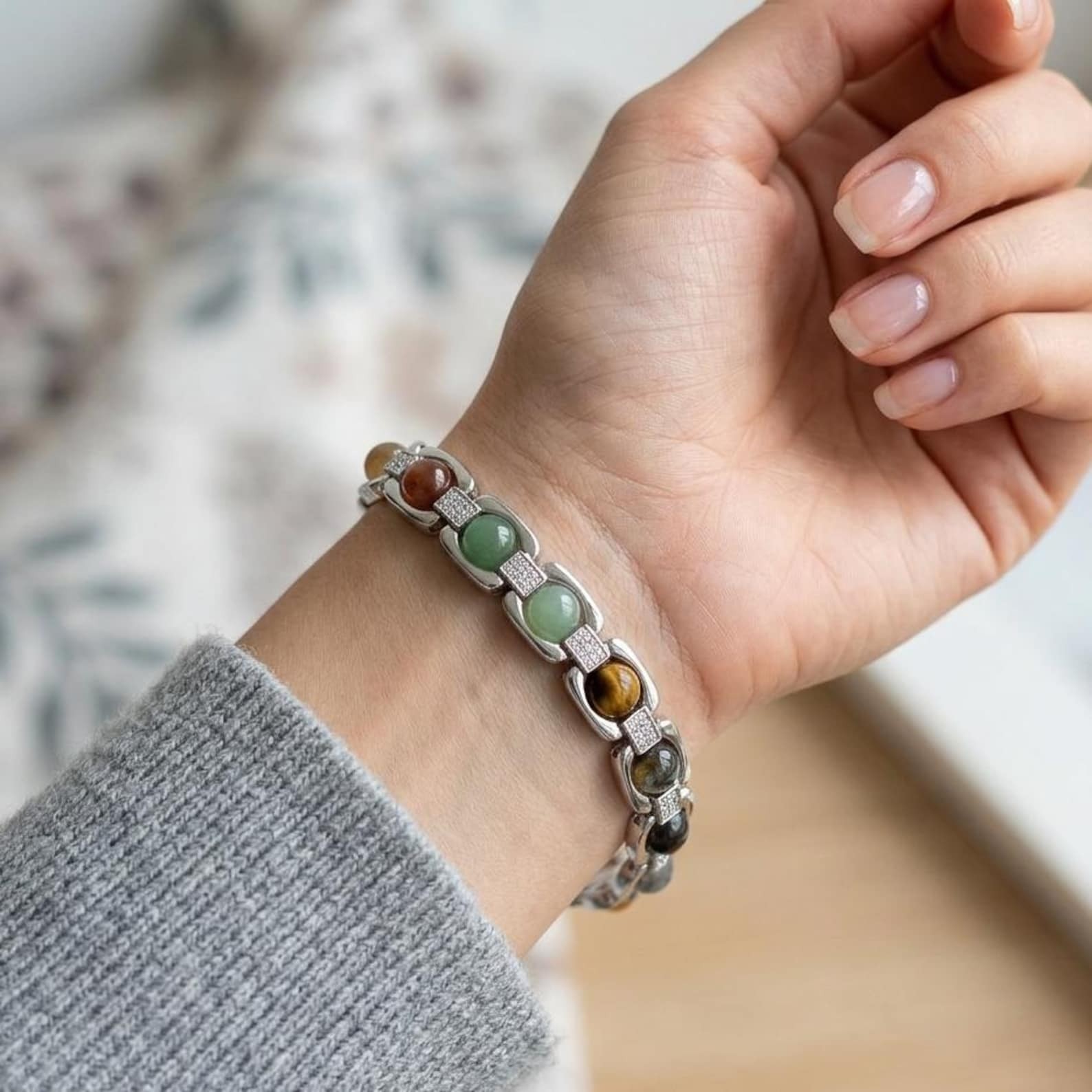 Handmade Multi Crystal Silver-Plated Bracelet, Mixed Gemstone Station Links gallery