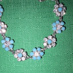 Silver Tone Blue Flower Link Bracelet Clear/White Round Crystal Lobster Clasp
