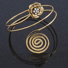 Crystal Flower and Swirl Circle Upper Arm, Armlet Bracelet In Gold Tone/27cm L