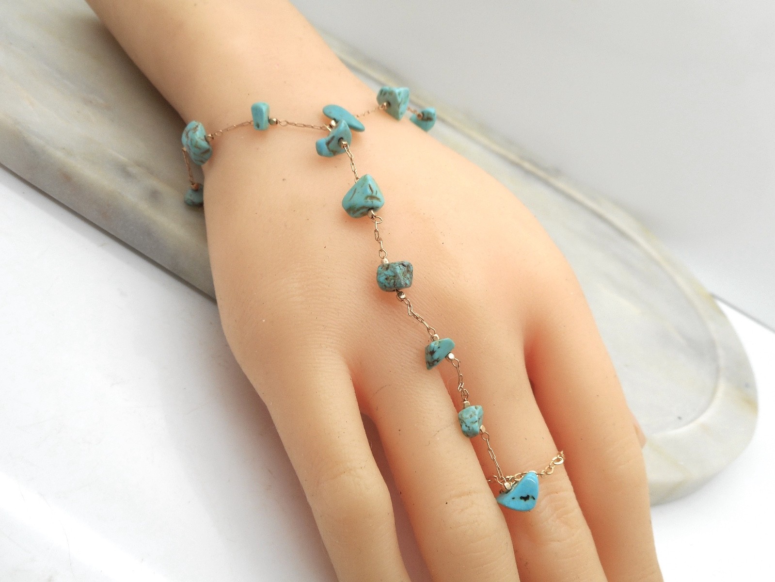 Blue Howlite Chip Bracelet Women's Ring Attached Gold Plated Slave Hand Chain gallery