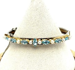 Denbe Bracelet Bangle Aqua Marine Light Blue Prong Set Stones 6.75” Safety Chain