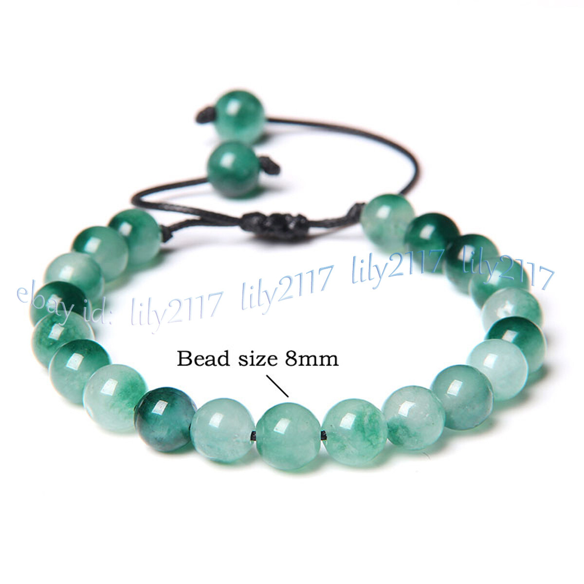6/8/10mm Natural Green Jade Round Gems Beads Braided Adjustable Bracelet 7.5'' gallery