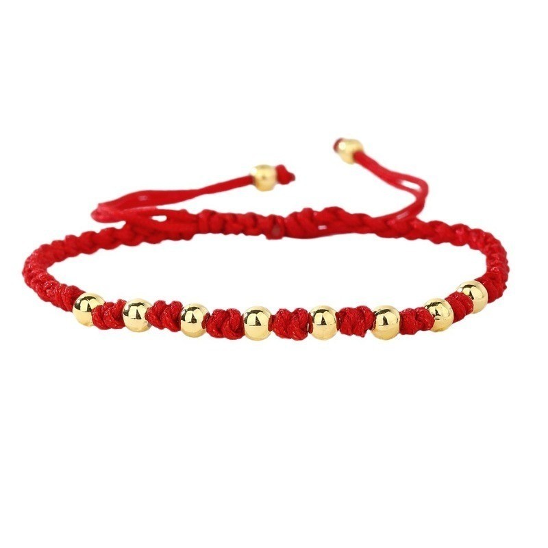Men's and Women's Golden Copper Round Bead Red Braided Rope lucky Bracelet gallery