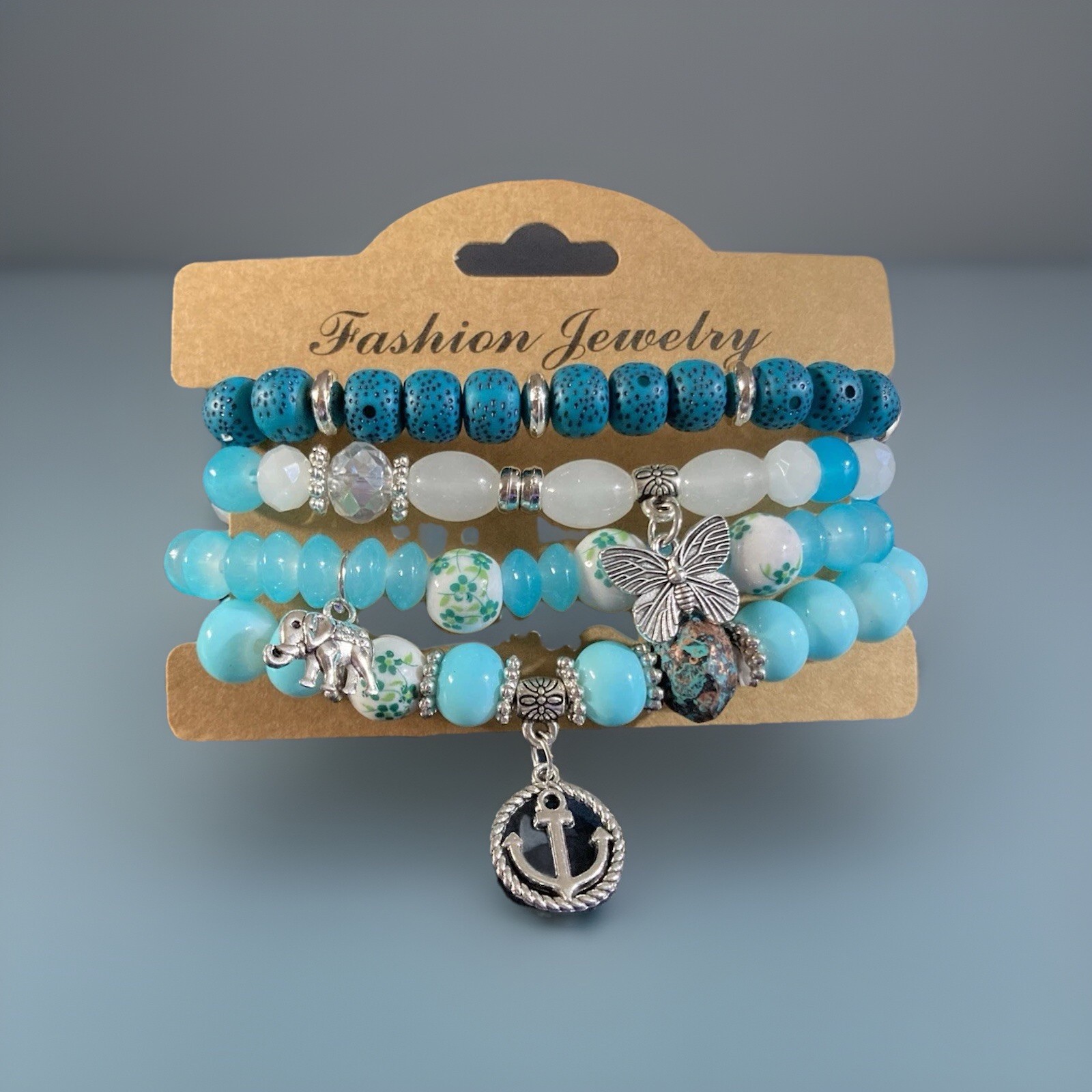 Turquoise Glass Beaded Stacking Bracelet~Anchor~Elephant~Butterfly Charm Stretch gallery